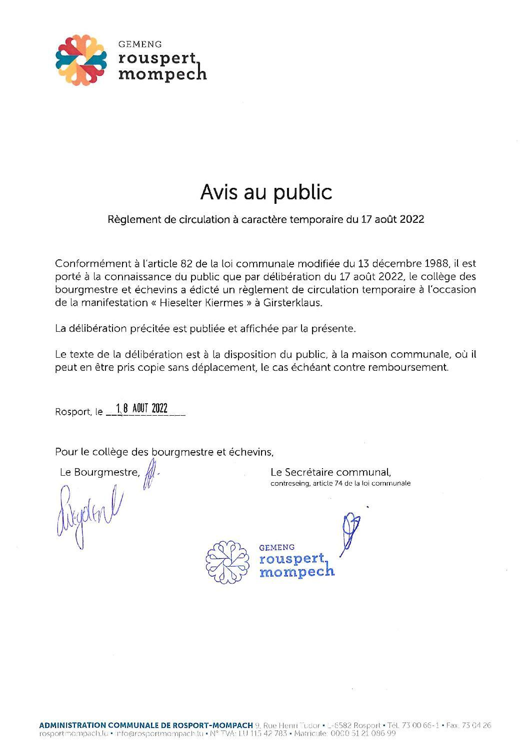 012-2022 Règlement de circulation CE - AVIS DE PUBLICATION