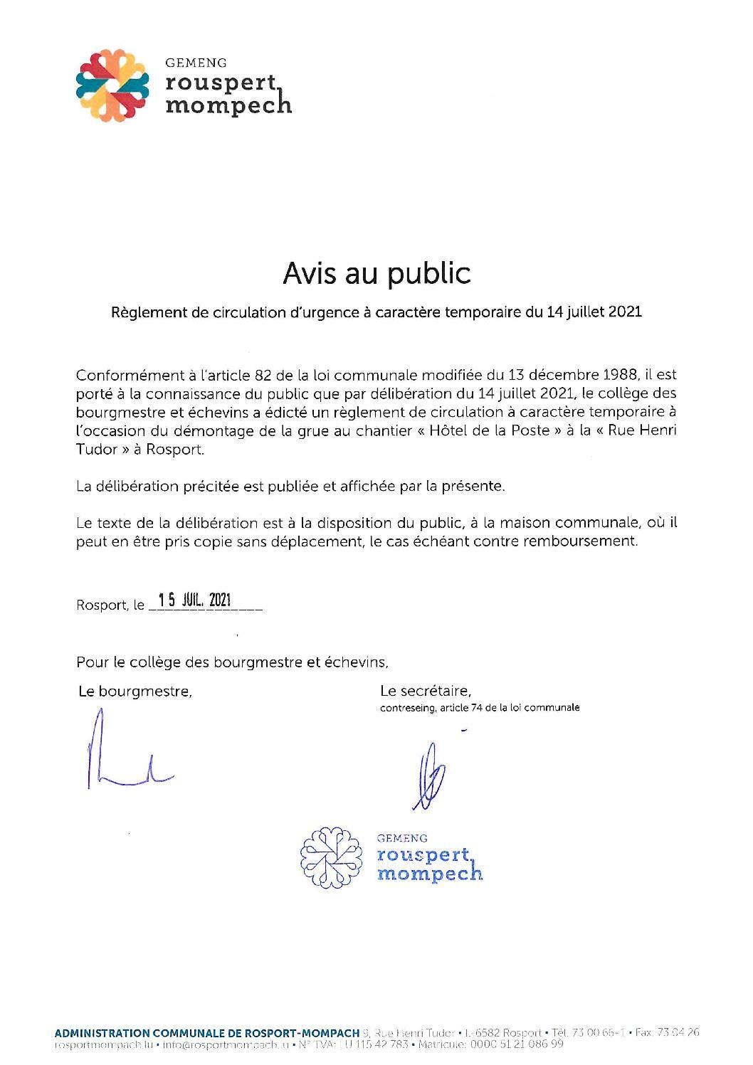 013-2021 Règlement de circulation CE - AVIS DE PUBLICATION