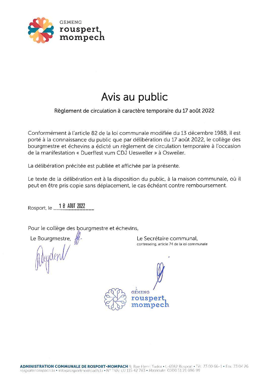 013-2022 Règlement de circulation CE - AVIS DE PUBLICATION