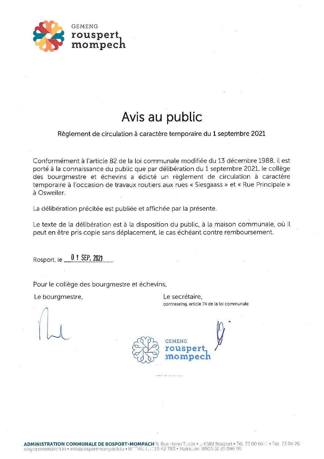 014-2021 Règlement de circulation CE - AVIS DE PUBLICATION