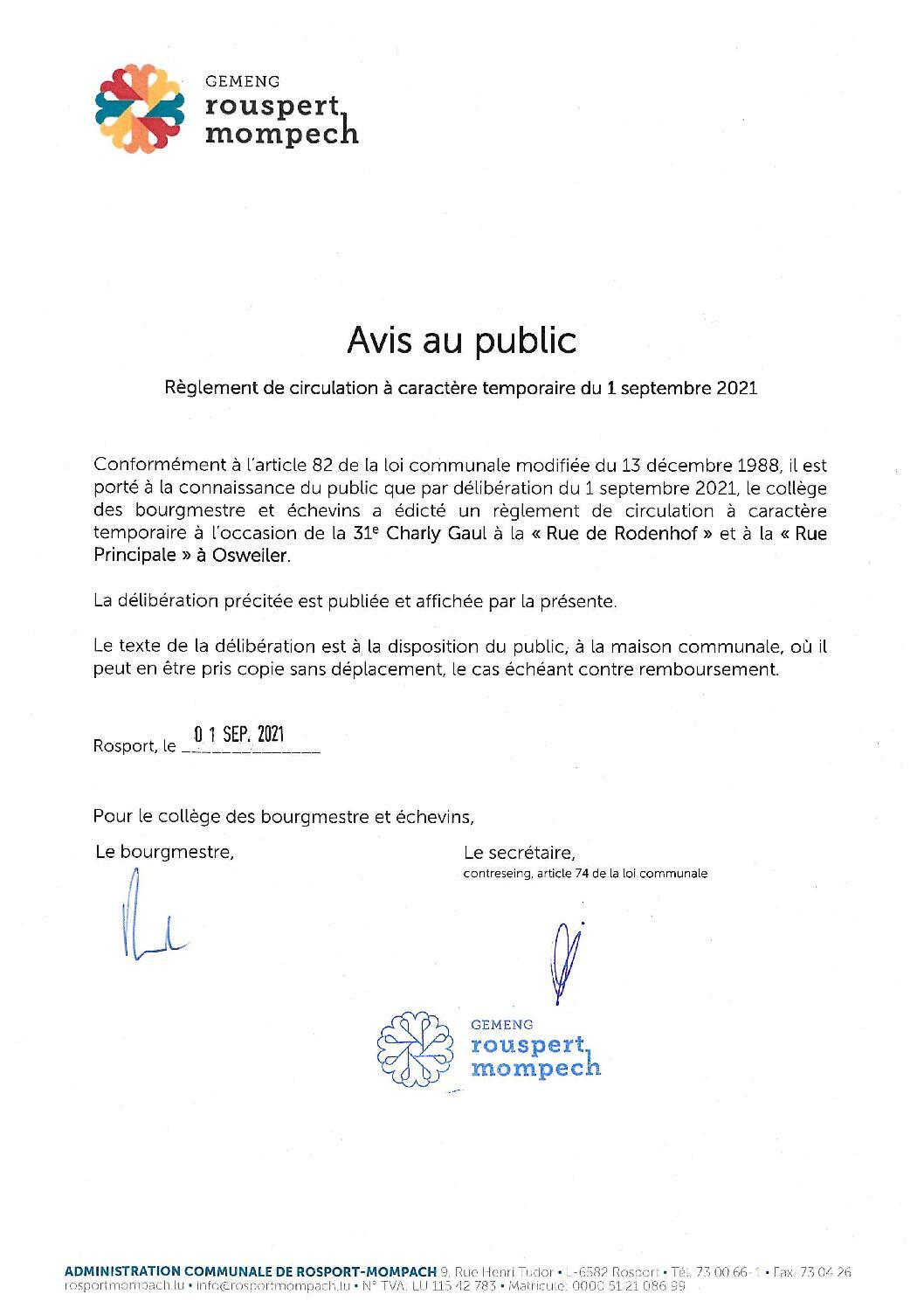 015-2021 Règlement de circulation CE - AVIS DE PUBLICATION