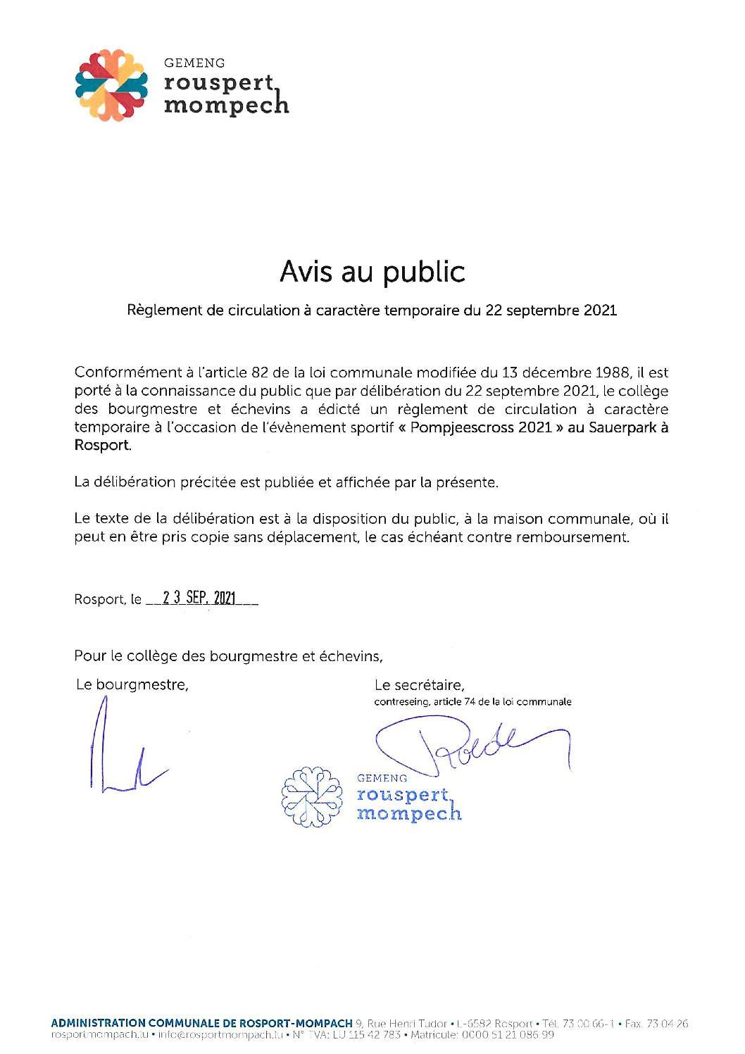 016-2021 Règlement de circulation CE - AVIS DE PUBLICATION