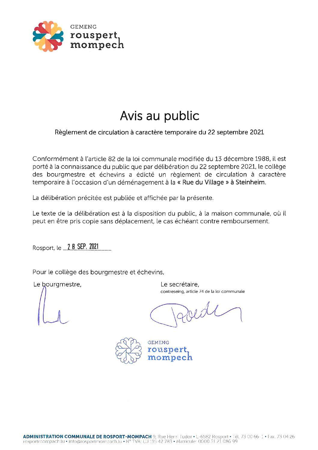 017-2021 Règlement de circulation CE - AVIS DE PUBLICATION