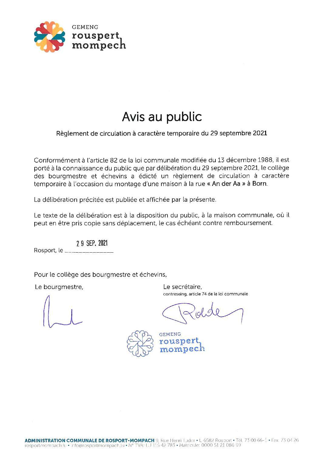 019-2021 Règlement de circulation CE - AVIS DE PUBLICATION