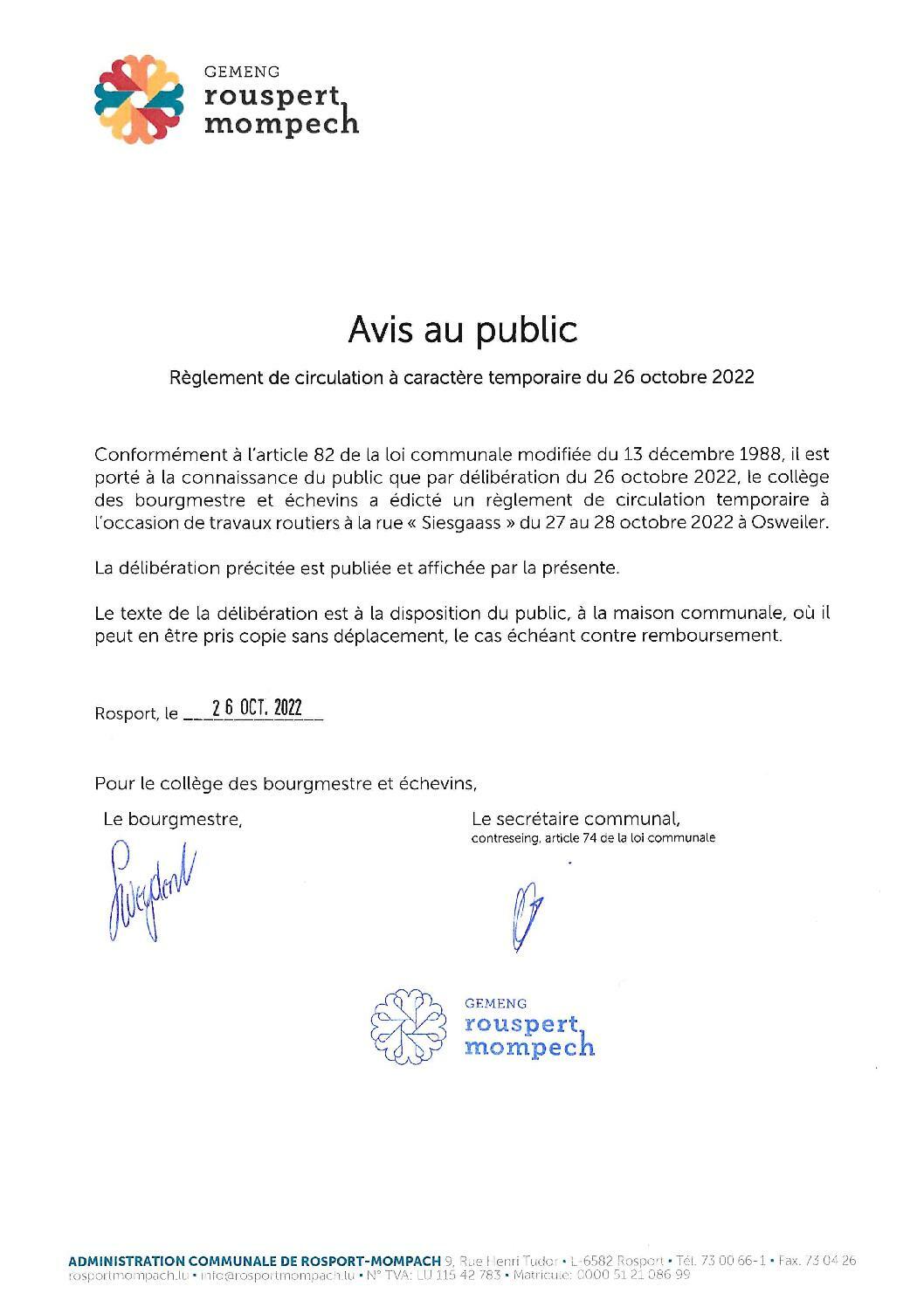 019-2022 Règlement de circulation - Route barrée - Siesgaass - AVIS DE PUBLICATION