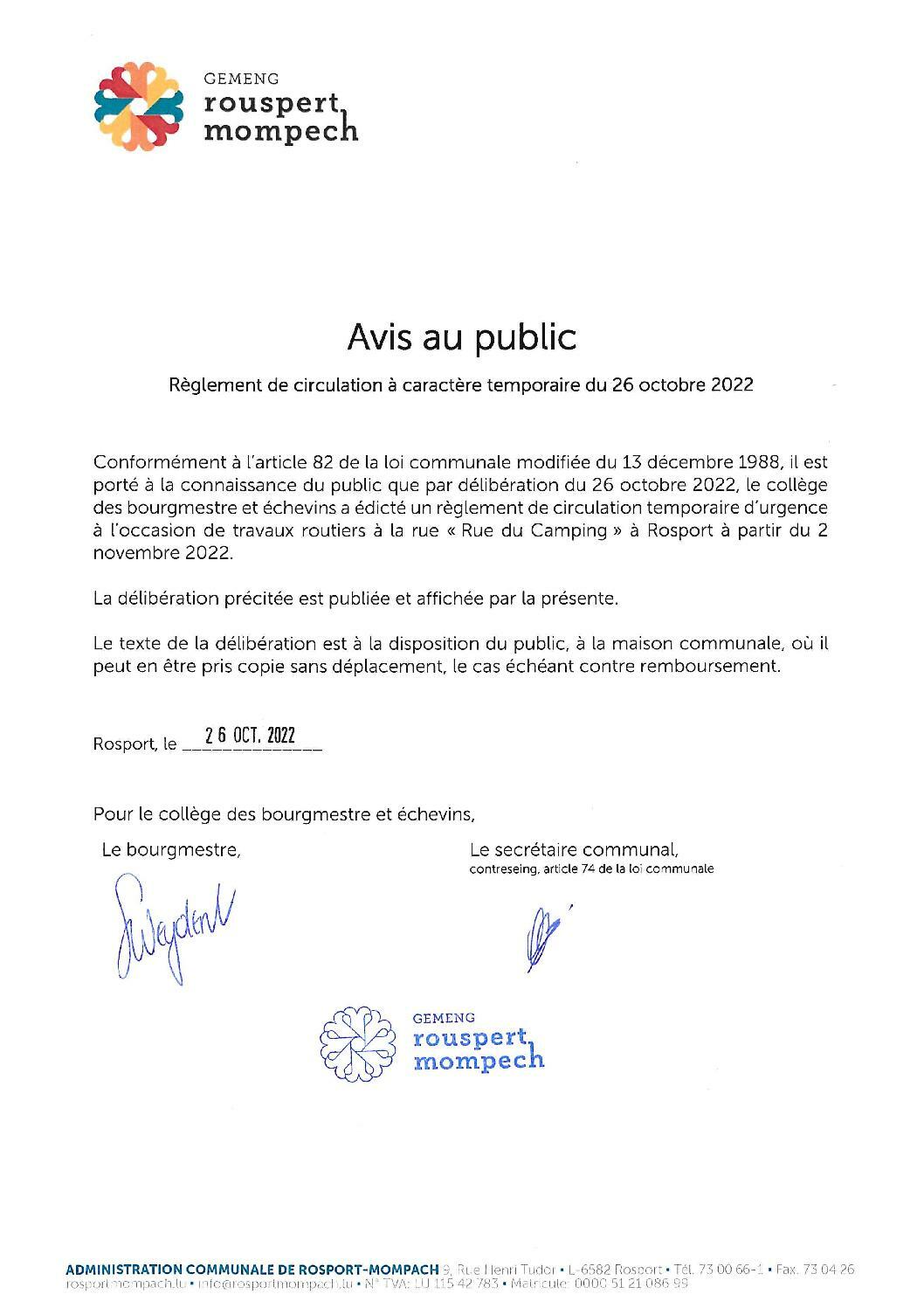 020-2022 Règlement de circulation - Travaux routiers Wickler - Rue du Camping - AVIS DE PUBLICATION