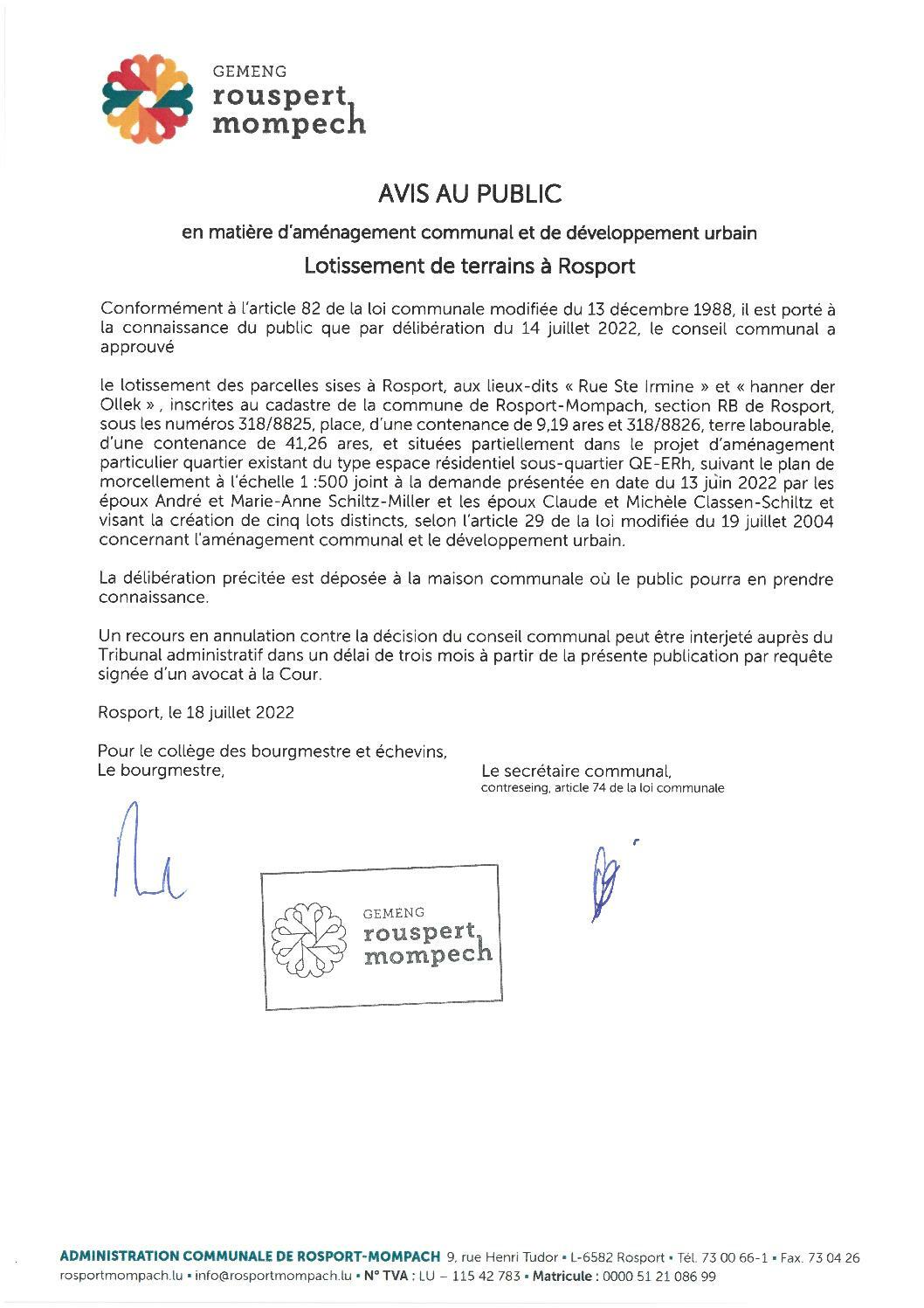 2022-07-18_avis_au_public_lotissement_terrains_Rosport_consorts_Schiltz