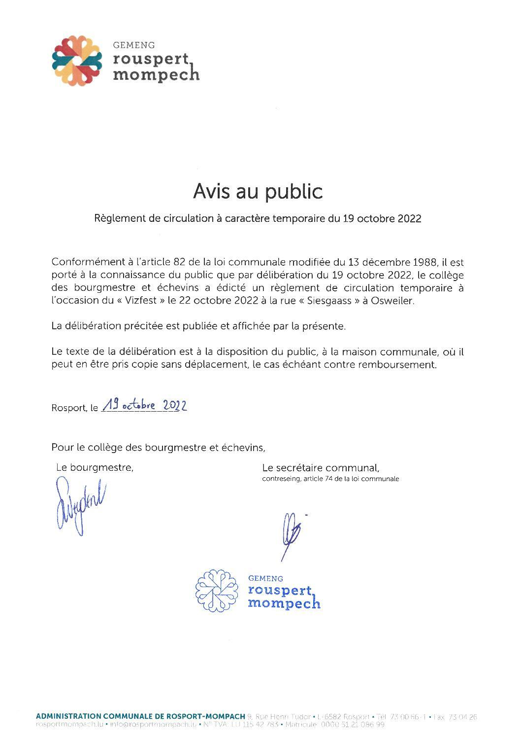 018-2022 Règlement de circulation - Route barrée - Siesgaass - AVIS DE PUBLICATION